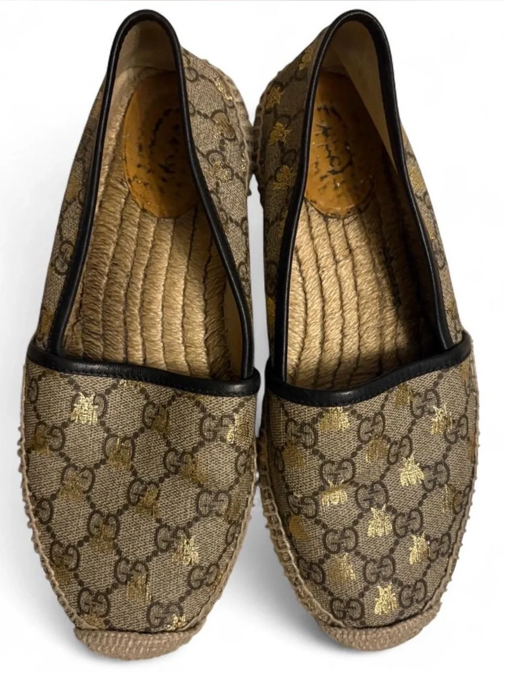 Gucci Brown & Black Monogram Espadrille Flats with Gold Bee Detail
